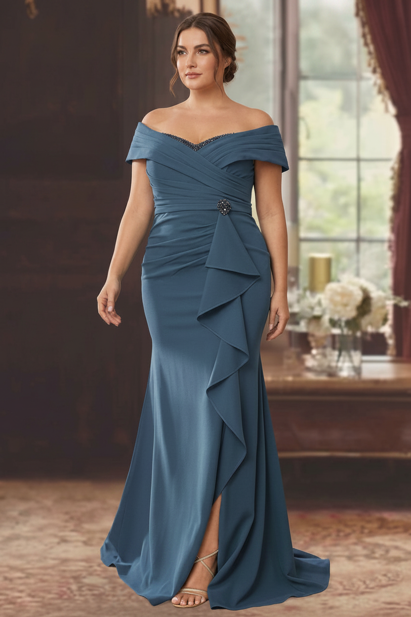 Sheath/Column Off-the-Shoulder Sleeveless Floor-Length Plus Size Mother of the Bride Dresses With Ruffles