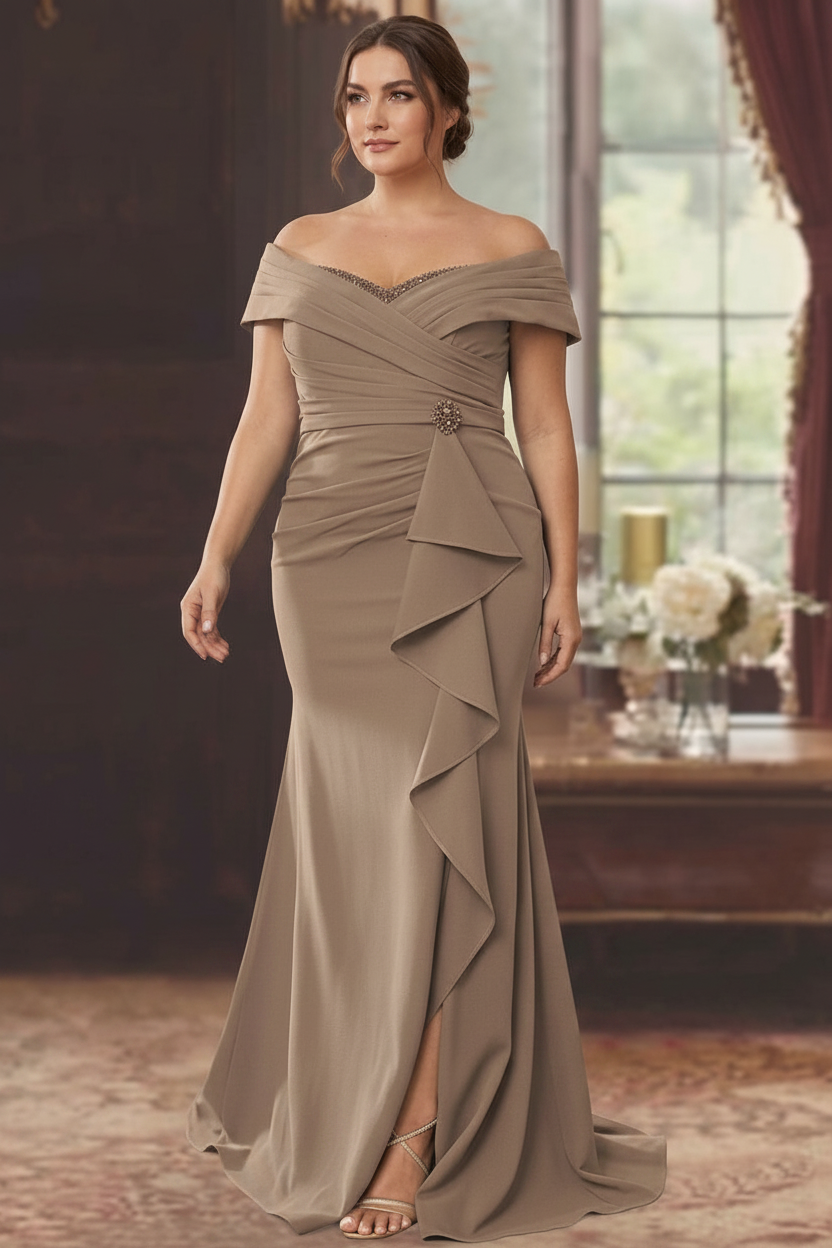 Sheath/Column Off-the-Shoulder Sleeveless Floor-Length Plus Size Mother of the Bride Dresses With Ruffles