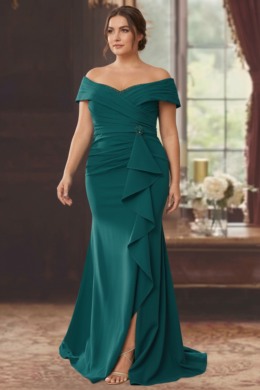 Sheath/Column Off-the-Shoulder Sleeveless Floor-Length Plus Size Mother of the Bride Dresses With Ruffles