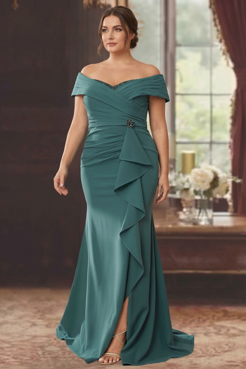 Sheath/Column Off-the-Shoulder Sleeveless Floor-Length Plus Size Mother of the Bride Dresses With Ruffles