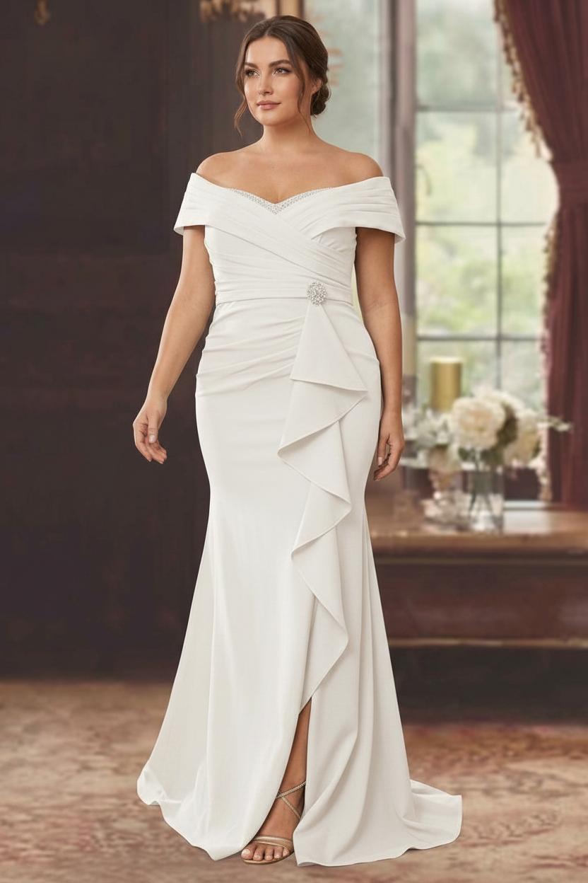 Sheath/Column Off-the-Shoulder Sleeveless Floor-Length Plus Size Mother of the Bride Dresses With Ruffles