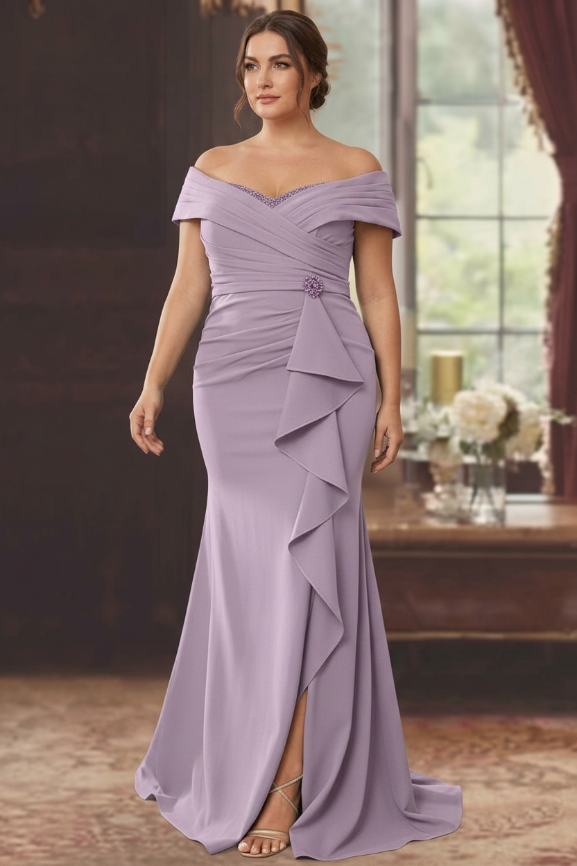 Sheath/Column Off-the-Shoulder Sleeveless Floor-Length Plus Size Mother of the Bride Dresses With Ruffles