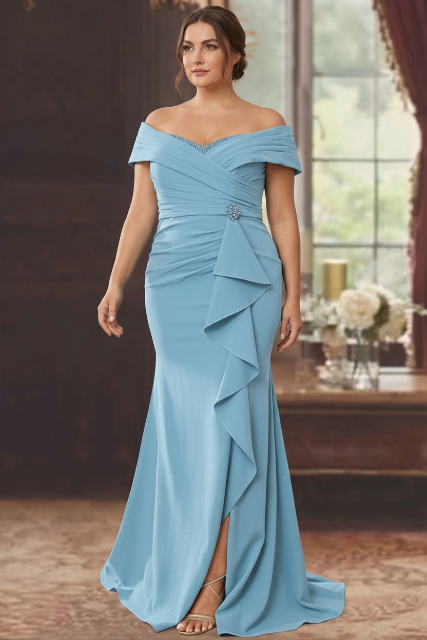 Sheath/Column Off-the-Shoulder Sleeveless Floor-Length Plus Size Mother of the Bride Dresses With Ruffles