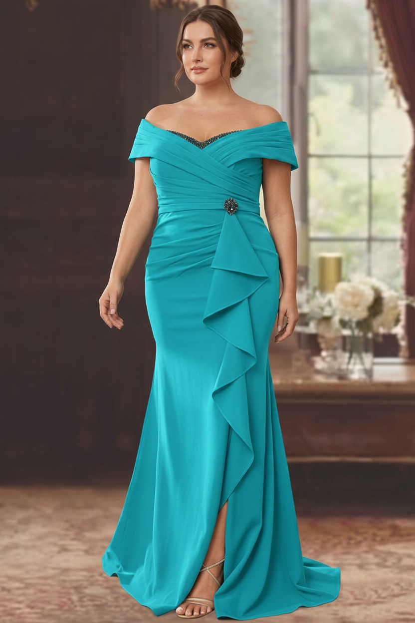 Sheath/Column Off-the-Shoulder Sleeveless Floor-Length Plus Size Mother of the Bride Dresses With Ruffles