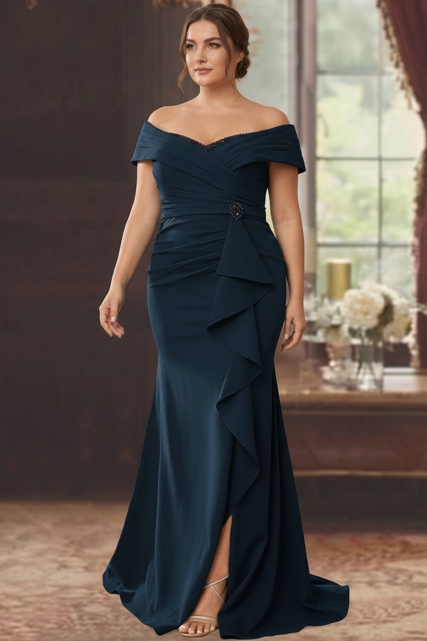 Sheath/Column Off-the-Shoulder Sleeveless Floor-Length Plus Size Mother of the Bride Dresses With Ruffles