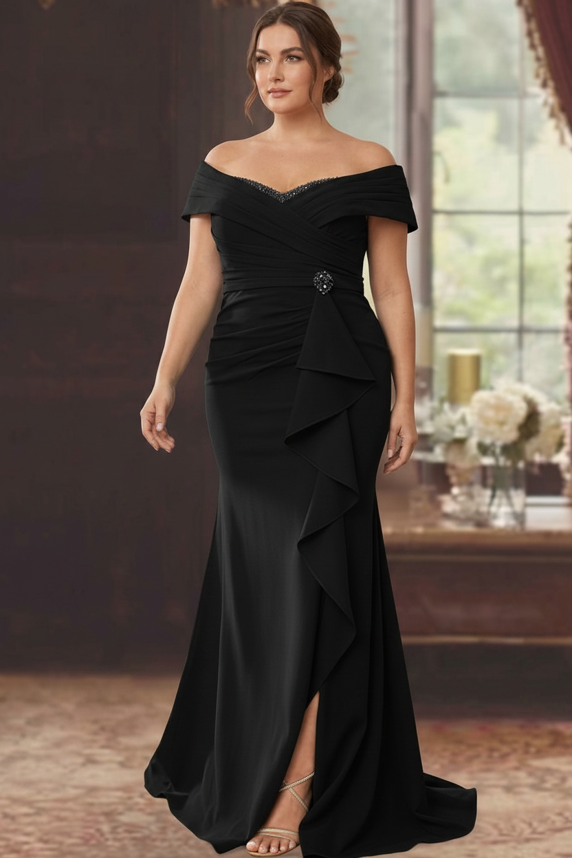Sheath/Column Off-the-Shoulder Sleeveless Floor-Length Plus Size Mother of the Bride Dresses With Ruffles