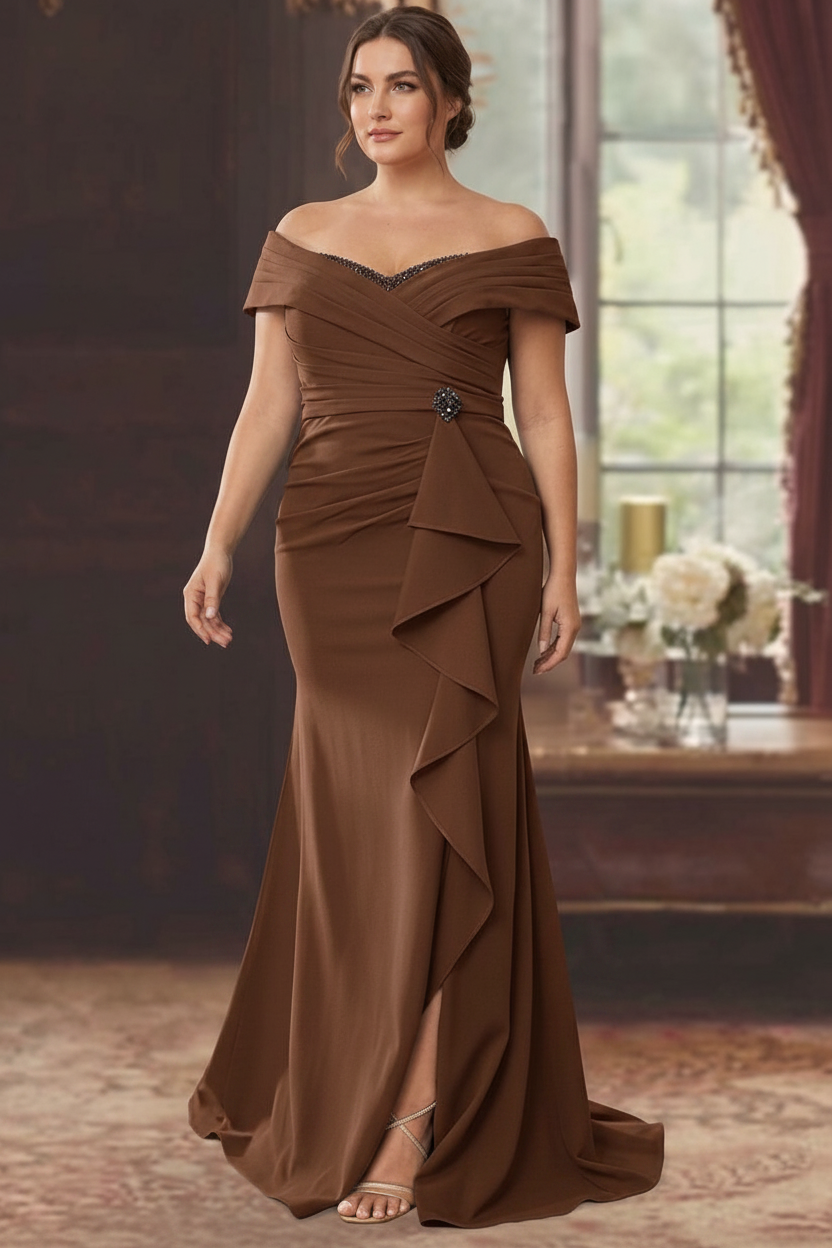 Sheath/Column Off-the-Shoulder Sleeveless Floor-Length Plus Size Mother of the Bride Dresses With Ruffles