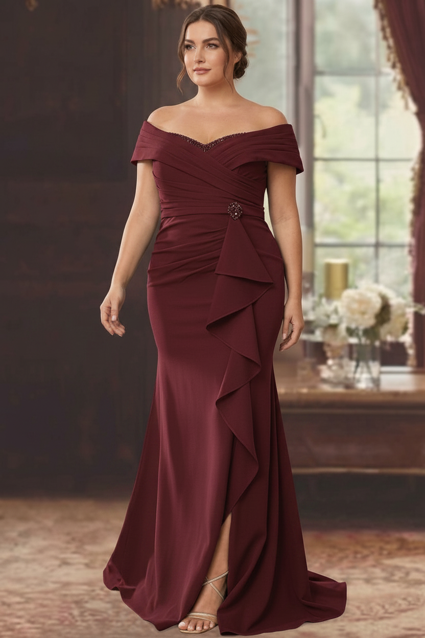 Sheath/Column Off-the-Shoulder Sleeveless Floor-Length Plus Size Mother of the Bride Dresses With Ruffles