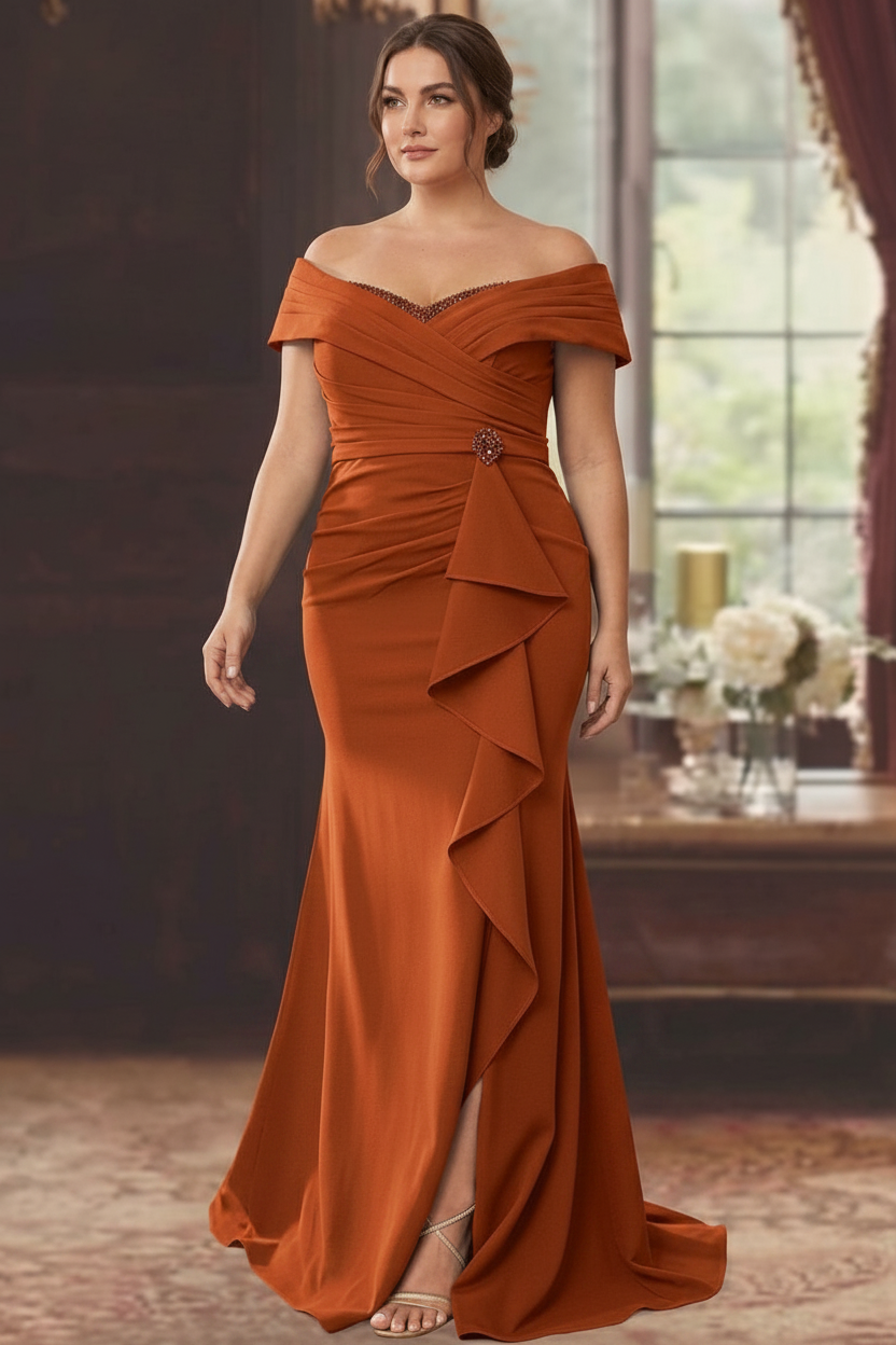 Sheath/Column Off-the-Shoulder Sleeveless Floor-Length Plus Size Mother of the Bride Dresses With Ruffles