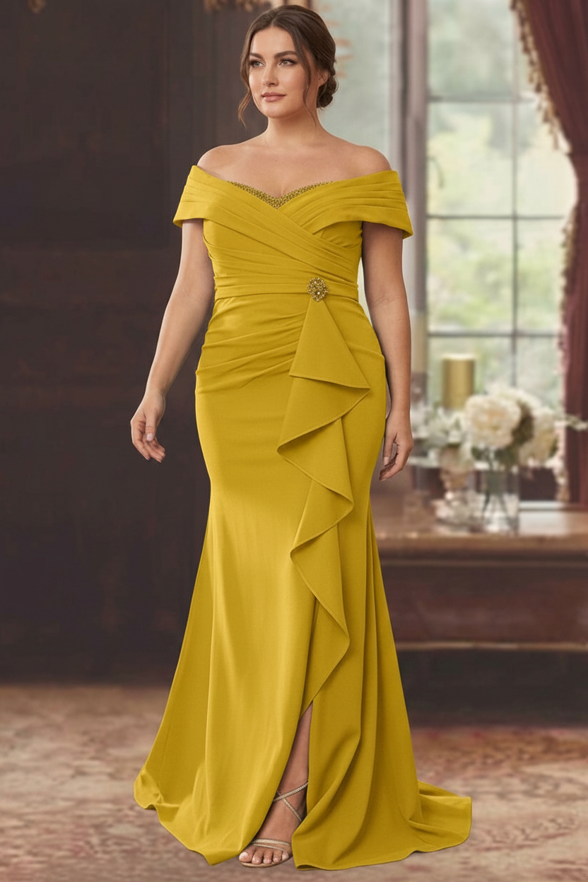Sheath/Column Off-the-Shoulder Sleeveless Floor-Length Plus Size Mother of the Bride Dresses With Ruffles
