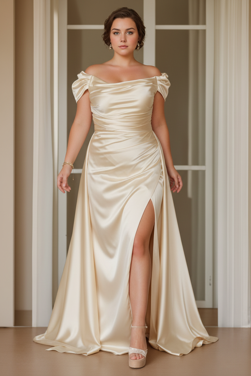 Sheath/Column Off-the-Shoulder Sleeveless Floor-Length Plus Size Mother of the Bride Dresses with Split Side