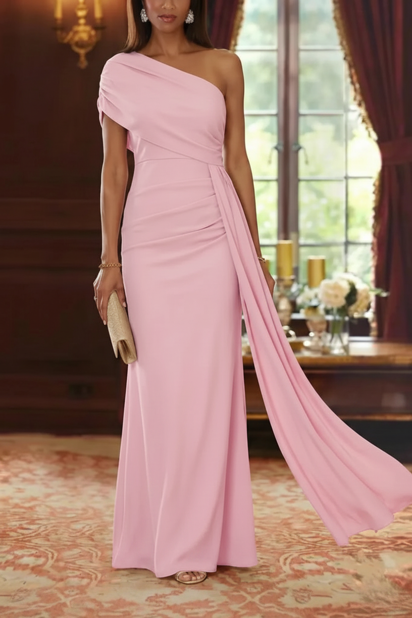 Sheath/Column One-Shoulder Chiffon Mother of the Bride Dresses with Watteau Train Floor-Length Sleeveless