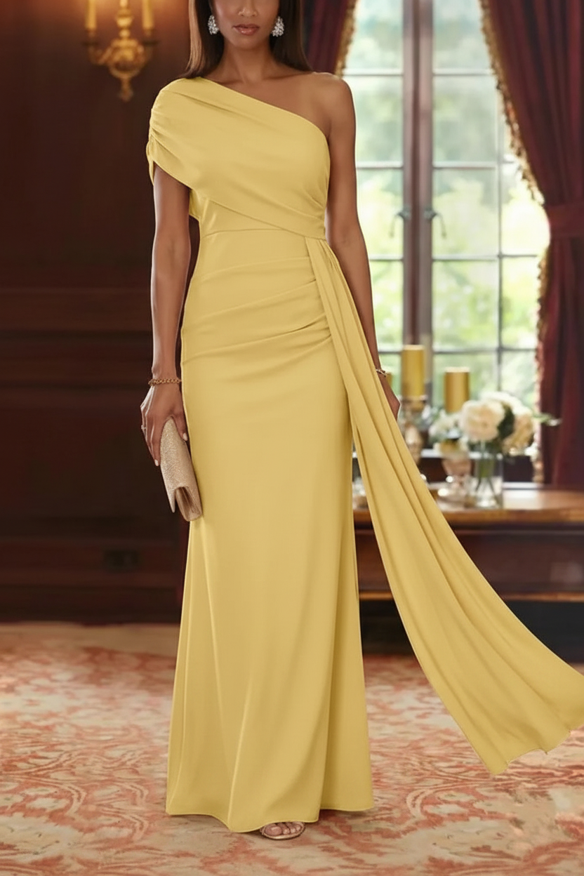 Sheath/Column One-Shoulder Chiffon Mother of the Bride Dresses with Watteau Train Floor-Length Sleeveless
