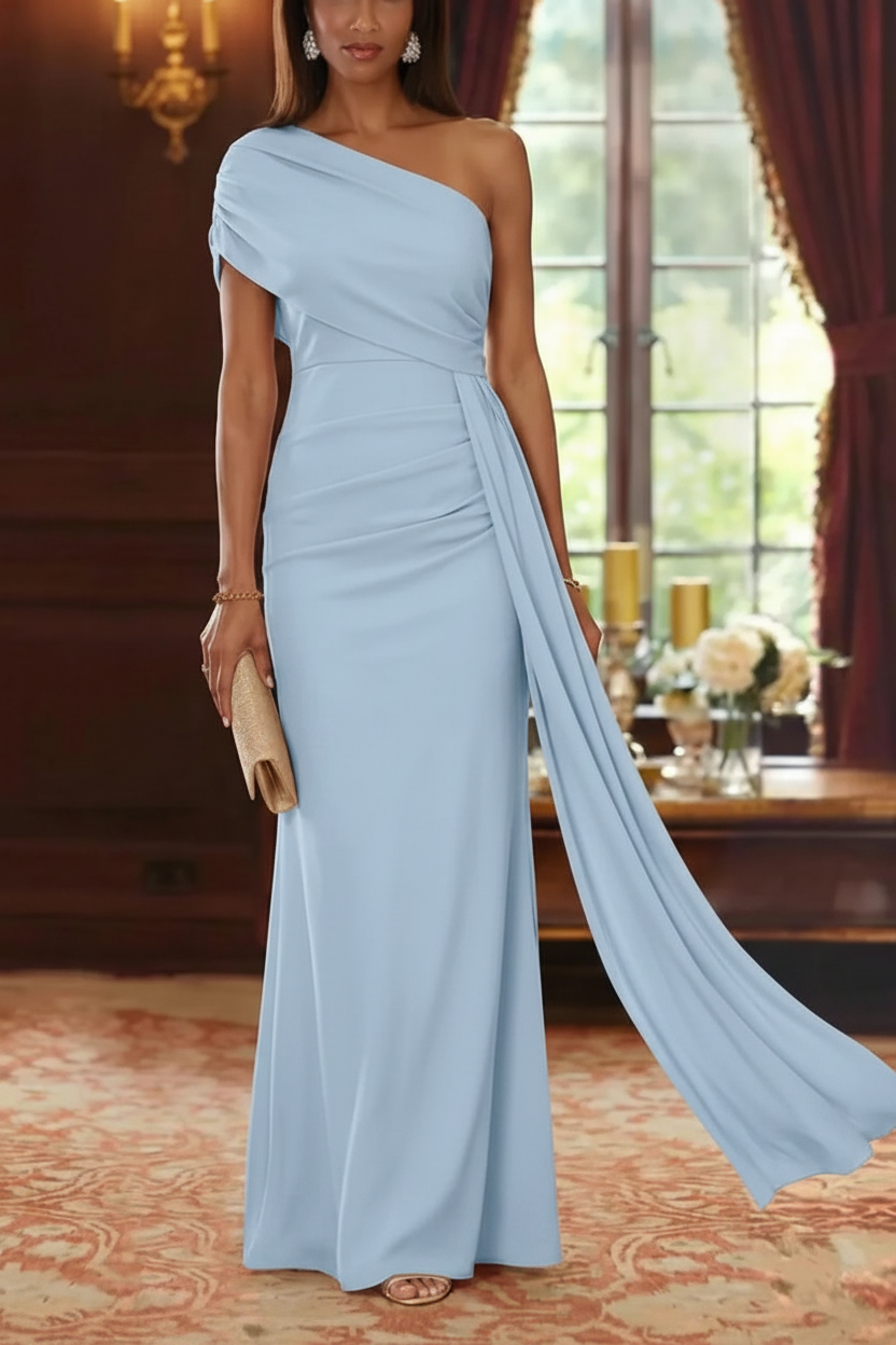 Sheath/Column One-Shoulder Chiffon Mother of the Bride Dresses with Watteau Train Floor-Length Sleeveless
