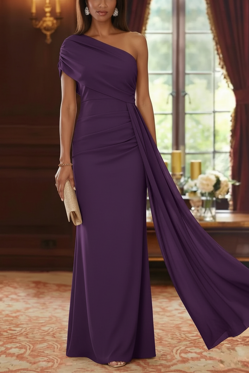 Sheath/Column One-Shoulder Chiffon Mother of the Bride Dresses with Watteau Train Floor-Length Sleeveless