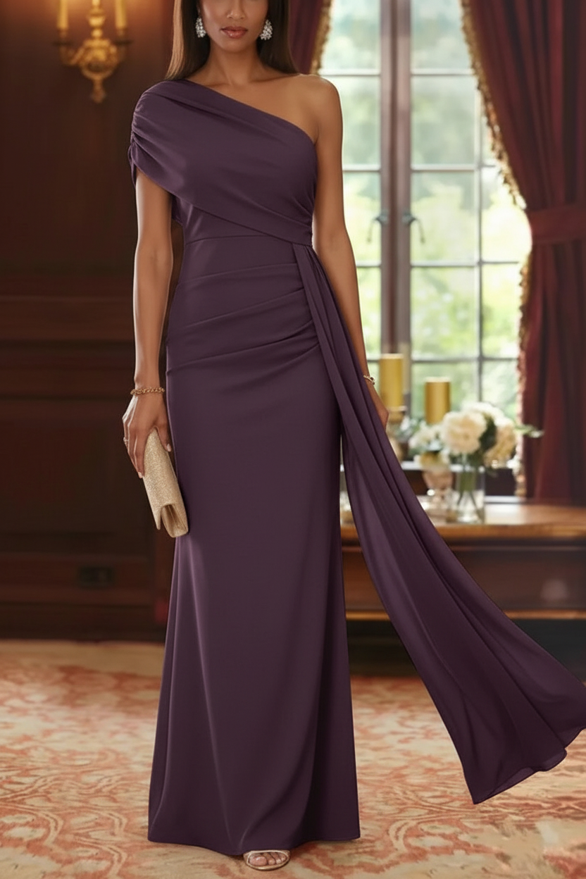 Sheath/Column One-Shoulder Chiffon Mother of the Bride Dresses with Watteau Train Floor-Length Sleeveless