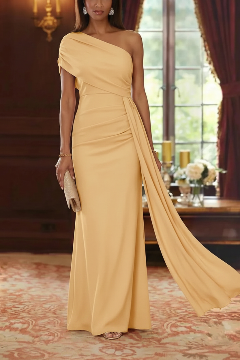 Sheath/Column One-Shoulder Chiffon Mother of the Bride Dresses with Watteau Train Floor-Length Sleeveless