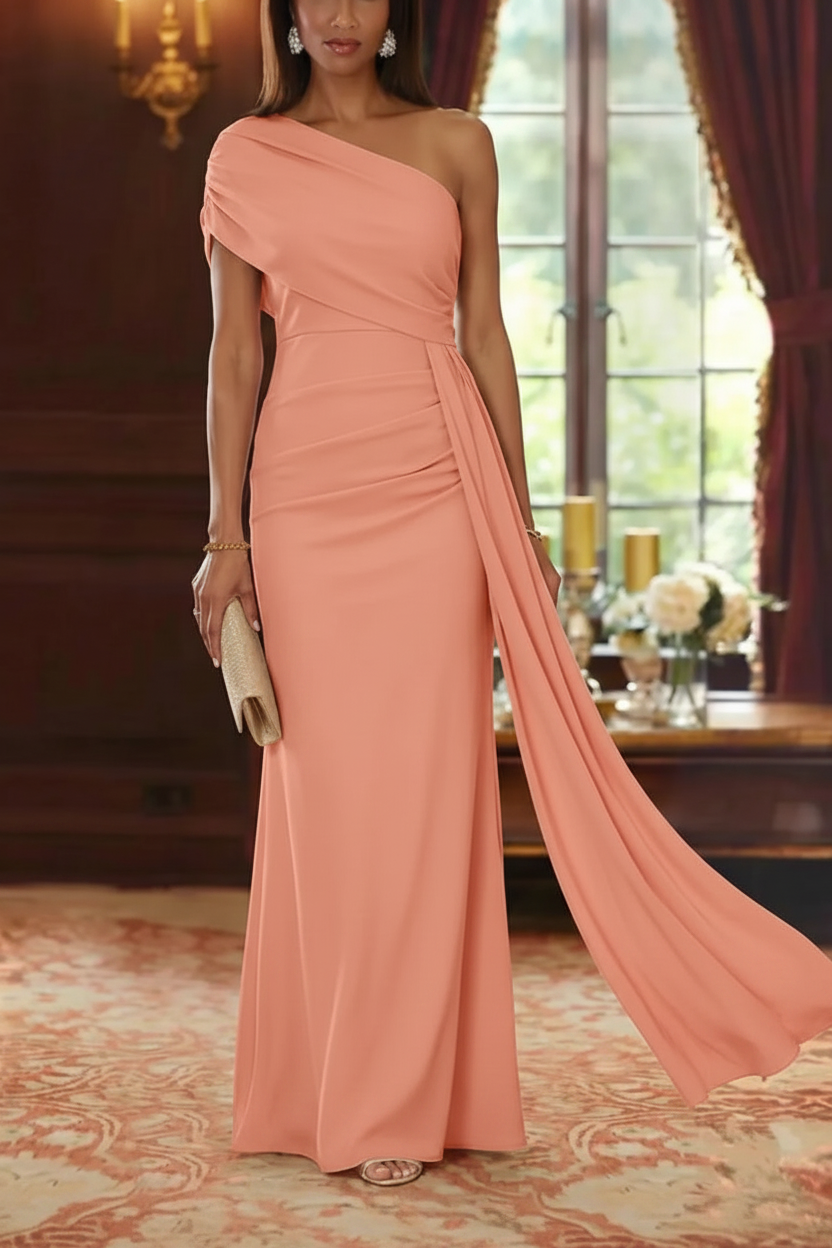 Sheath/Column One-Shoulder Chiffon Mother of the Bride Dresses with Watteau Train Floor-Length Sleeveless