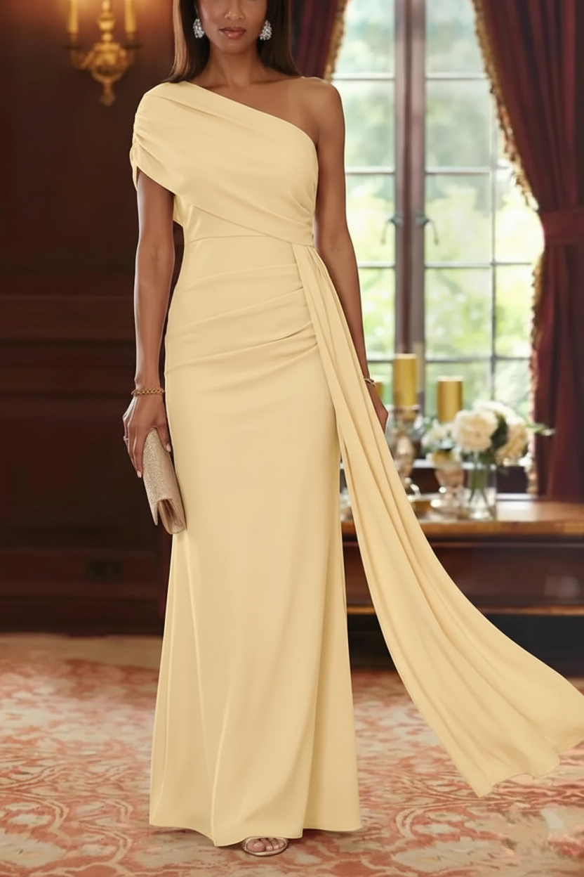 Sheath/Column One-Shoulder Chiffon Mother of the Bride Dresses with Watteau Train Floor-Length Sleeveless
