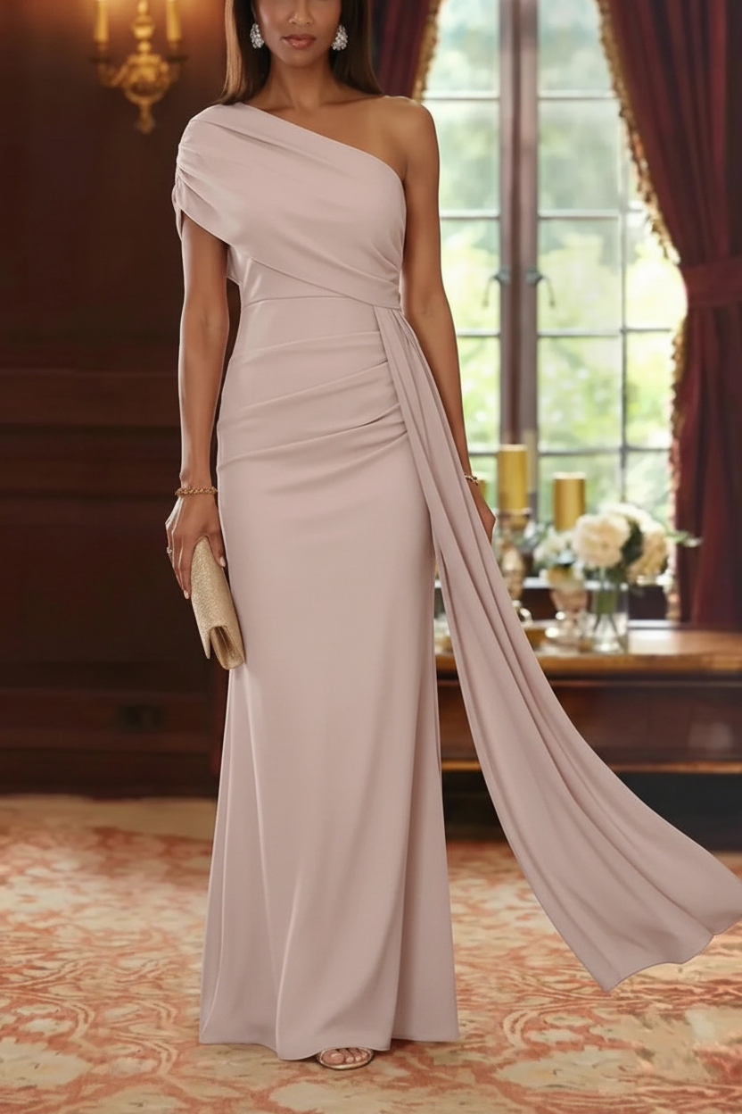 Sheath/Column One-Shoulder Chiffon Mother of the Bride Dresses with Watteau Train Floor-Length Sleeveless