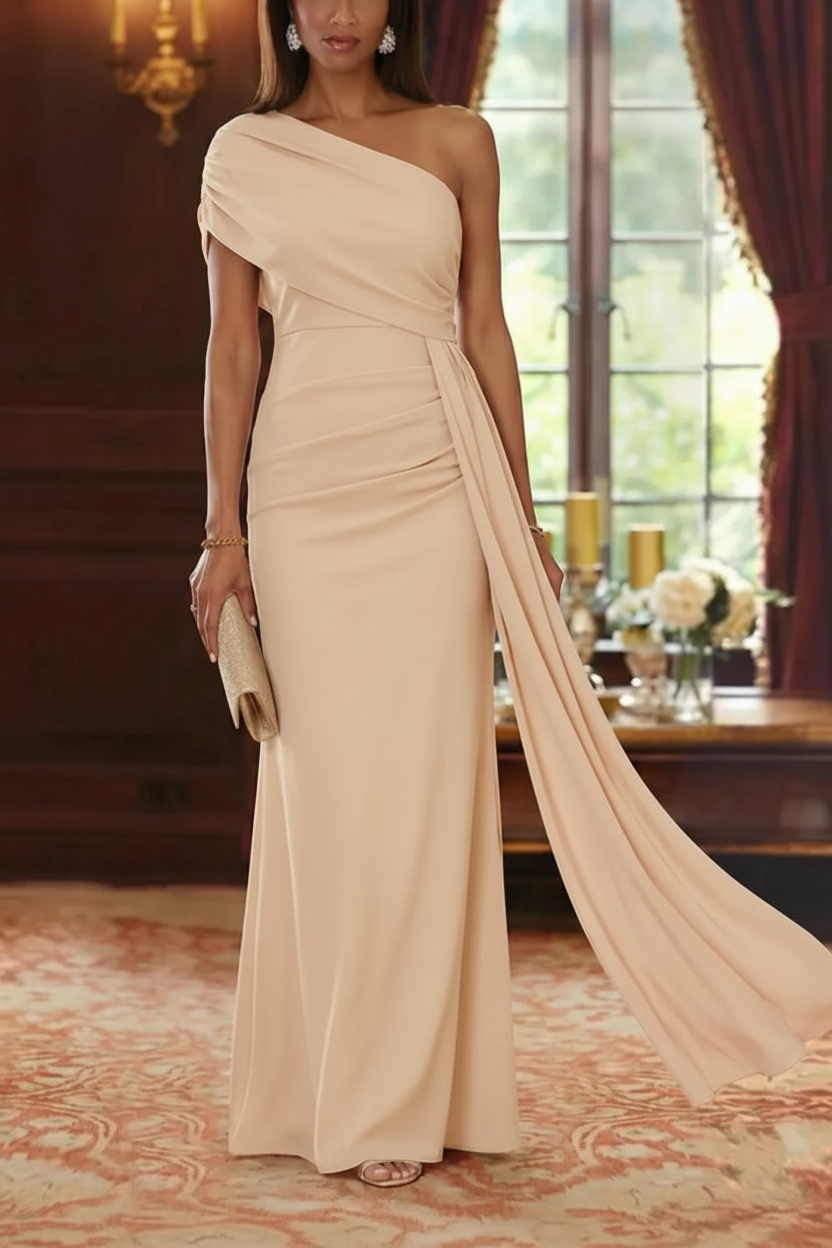 Sheath/Column One-Shoulder Chiffon Mother of the Bride Dresses with Watteau Train Floor-Length Sleeveless