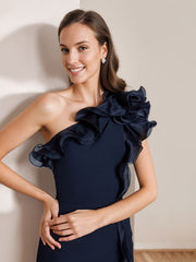 Sheath/Column One-Shoulder Sleeveless Floor-Length Chic Evening Dresses with Ruffles