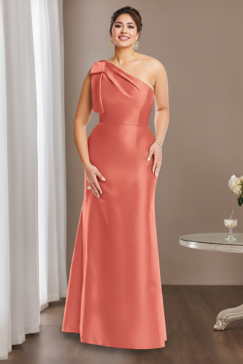 Sheath/Column One-Shoulder Sleeveless Satin Plus Size Mother of the Bride Dresses with Bowknot