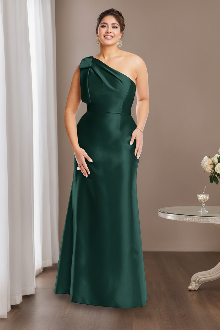 Sheath/Column One-Shoulder Sleeveless Satin Plus Size Mother of the Bride Dresses with Bowknot