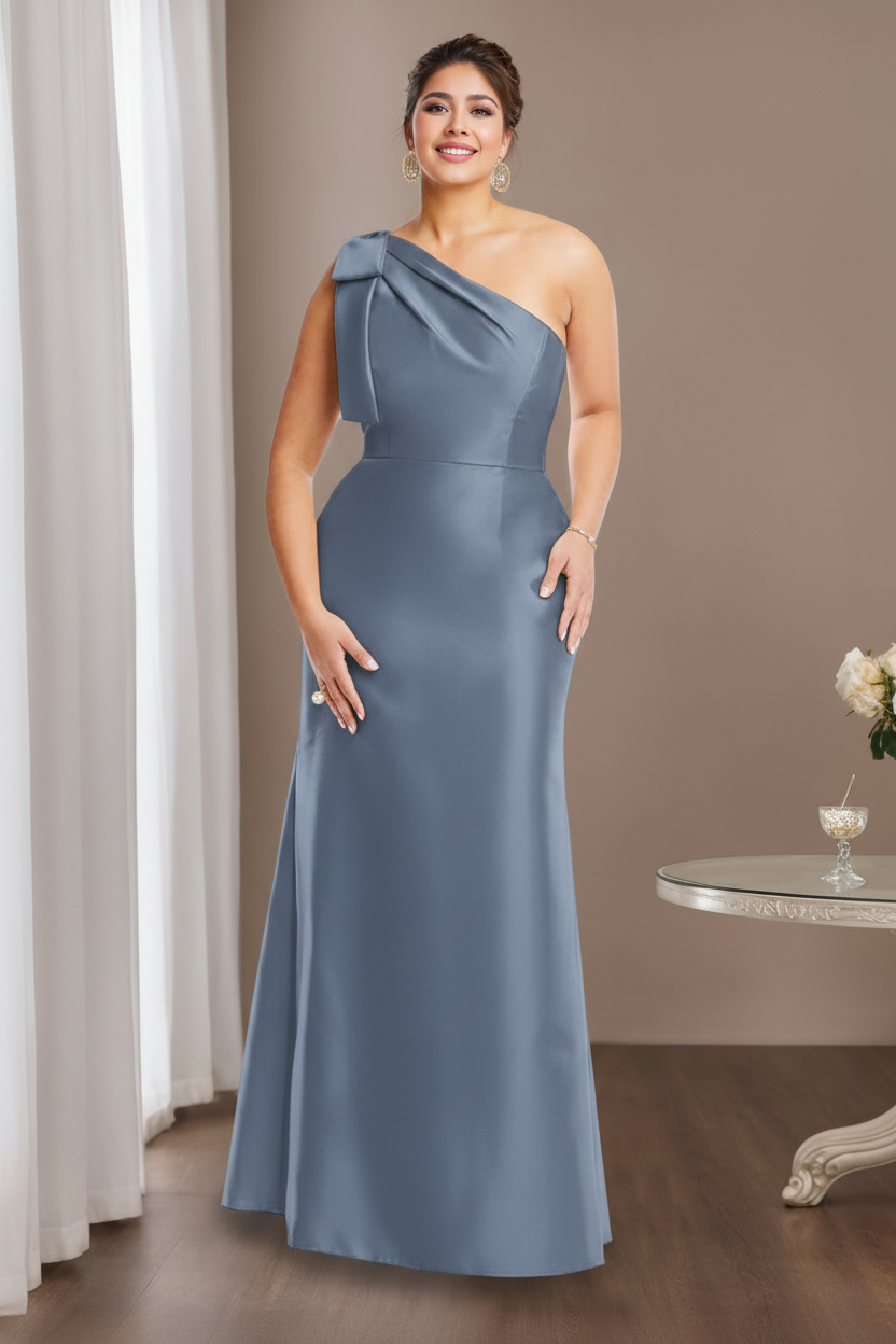 Sheath/Column One-Shoulder Sleeveless Satin Plus Size Mother of the Bride Dresses with Bowknot