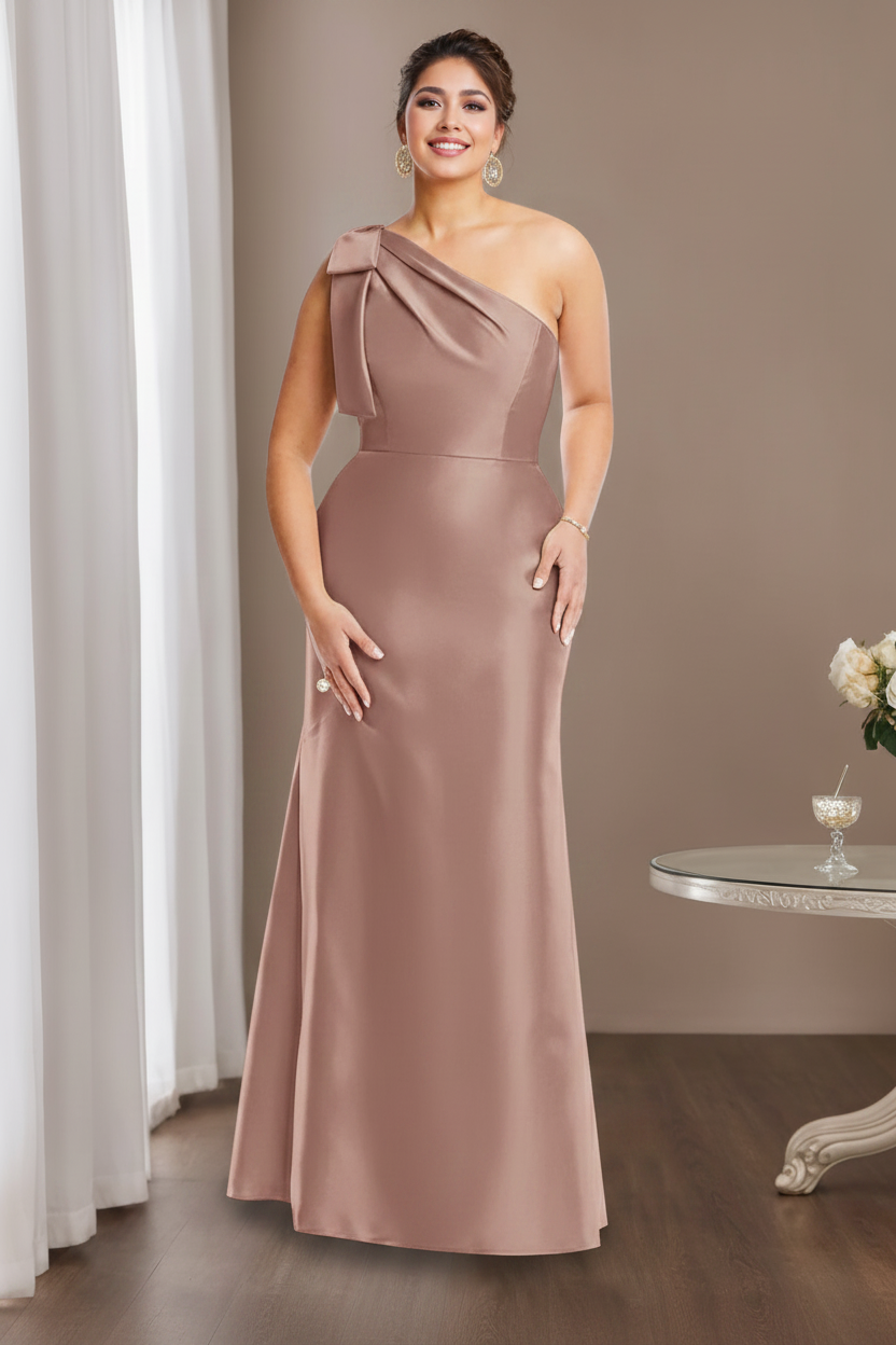 Sheath/Column One-Shoulder Sleeveless Satin Plus Size Mother of the Bride Dresses with Bowknot