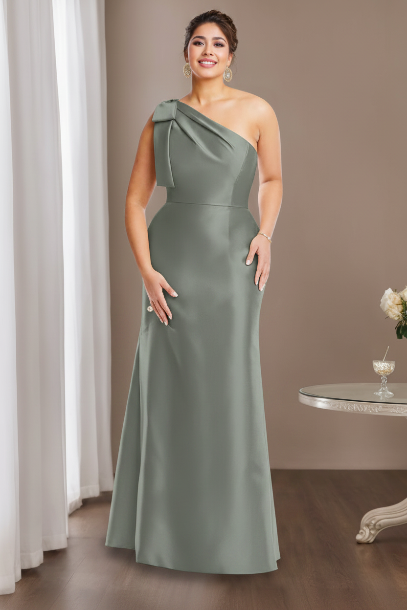 Sheath/Column One-Shoulder Sleeveless Satin Plus Size Mother of the Bride Dresses with Bowknot