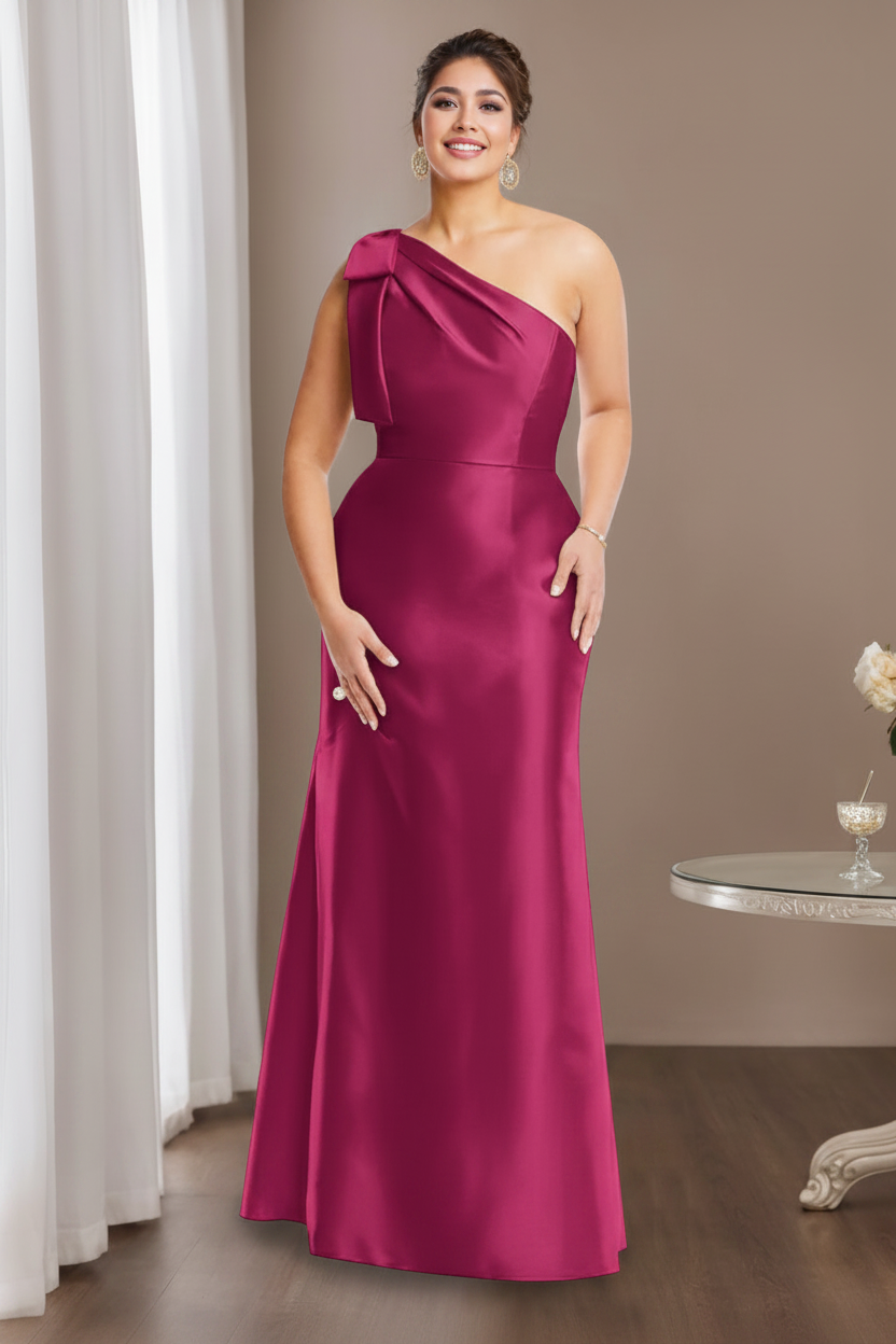 Sheath/Column One-Shoulder Sleeveless Satin Plus Size Mother of the Bride Dresses with Bowknot