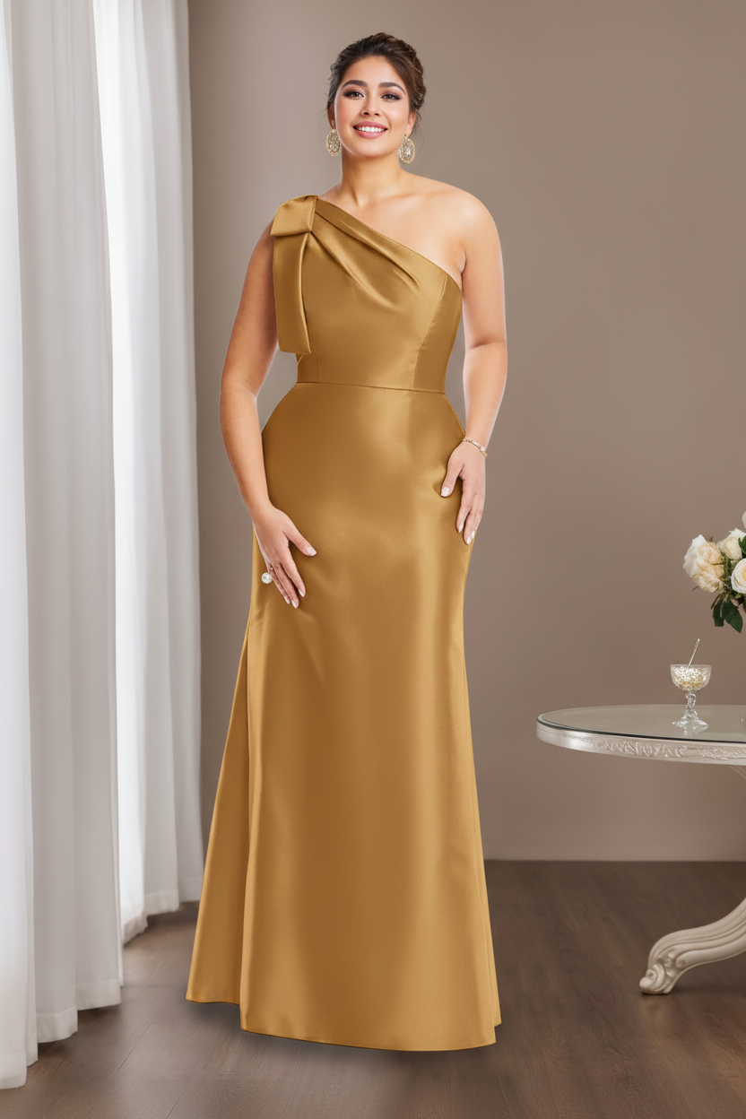 Sheath/Column One-Shoulder Sleeveless Satin Plus Size Mother of the Bride Dresses with Bowknot