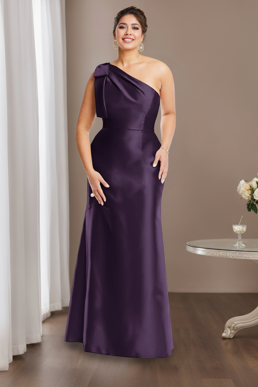 Sheath/Column One-Shoulder Sleeveless Satin Plus Size Mother of the Bride Dresses with Bowknot