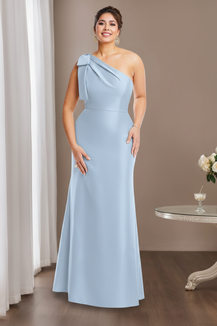 Sheath/Column One-Shoulder Sleeveless Satin Plus Size Mother of the Bride Dresses with Bowknot