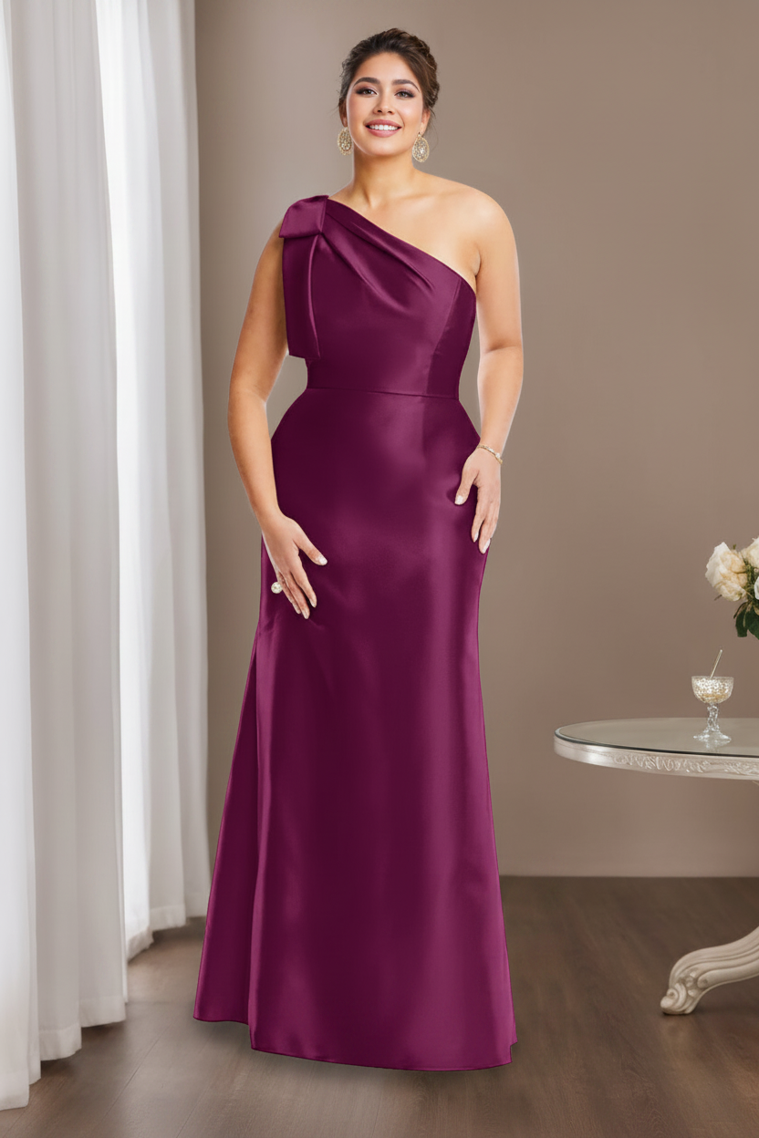 Sheath/Column One-Shoulder Sleeveless Satin Plus Size Mother of the Bride Dresses with Bowknot