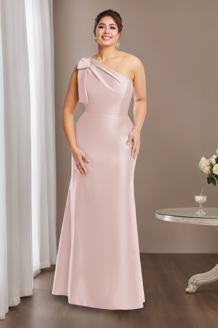 Sheath/Column One-Shoulder Sleeveless Satin Plus Size Mother of the Bride Dresses with Bowknot