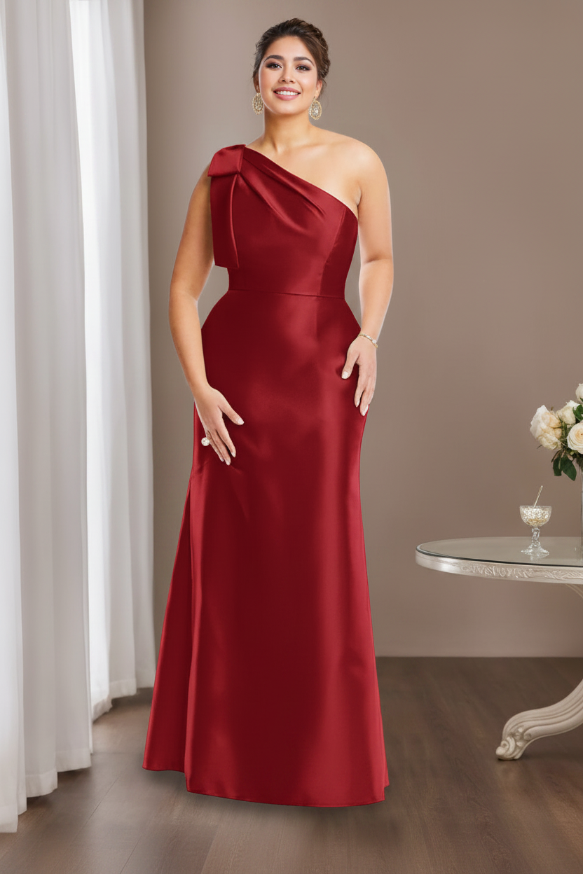 Sheath/Column One-Shoulder Sleeveless Satin Plus Size Mother of the Bride Dresses with Bowknot