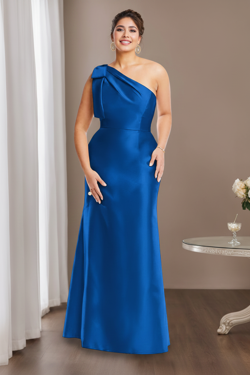 Sheath/Column One-Shoulder Sleeveless Satin Plus Size Mother of the Bride Dresses with Bowknot
