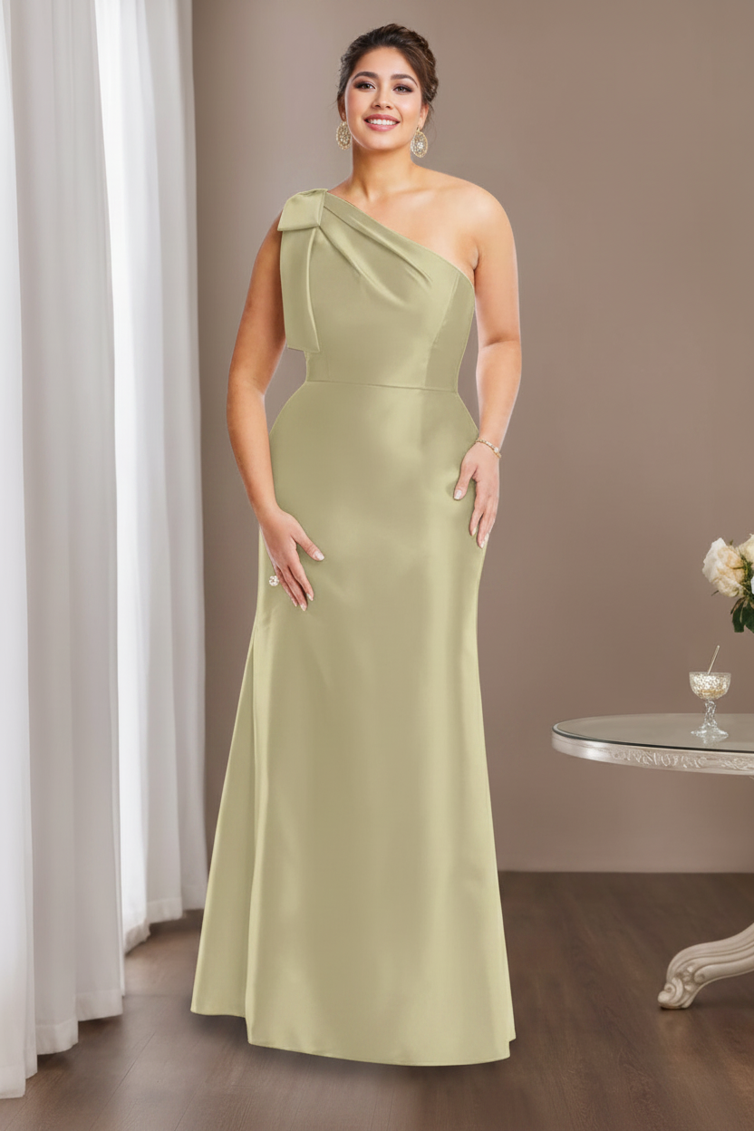 Sheath/Column One-Shoulder Sleeveless Satin Plus Size Mother of the Bride Dresses with Bowknot