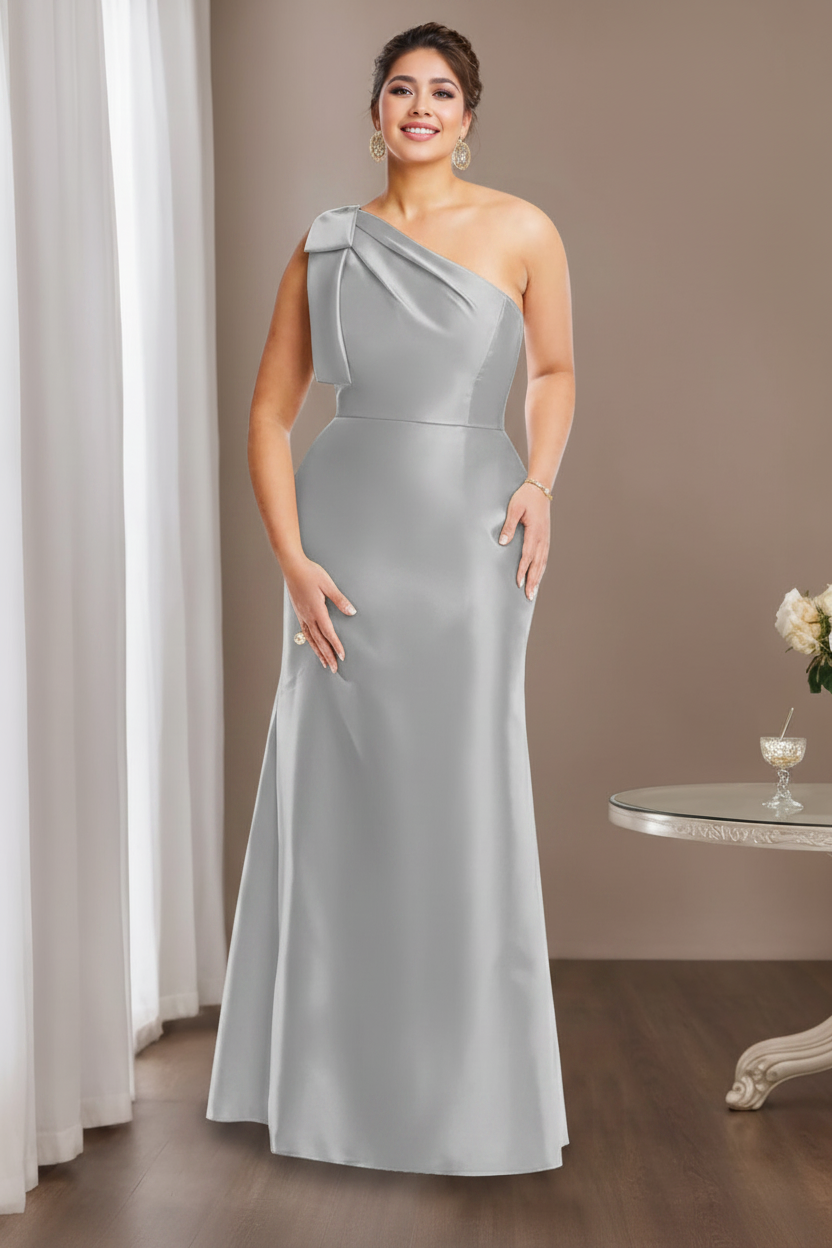 Sheath/Column One-Shoulder Sleeveless Satin Plus Size Mother of the Bride Dresses with Bowknot