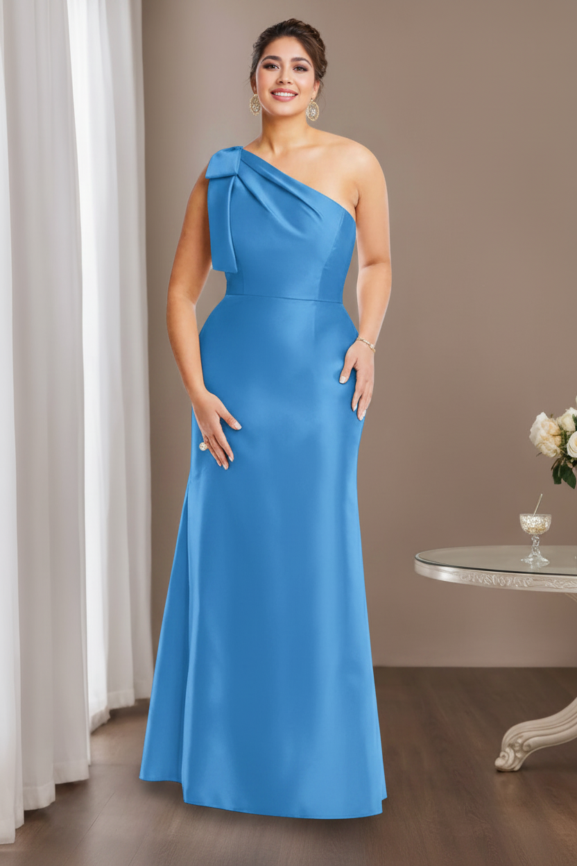 Sheath/Column One-Shoulder Sleeveless Satin Plus Size Mother of the Bride Dresses with Bowknot