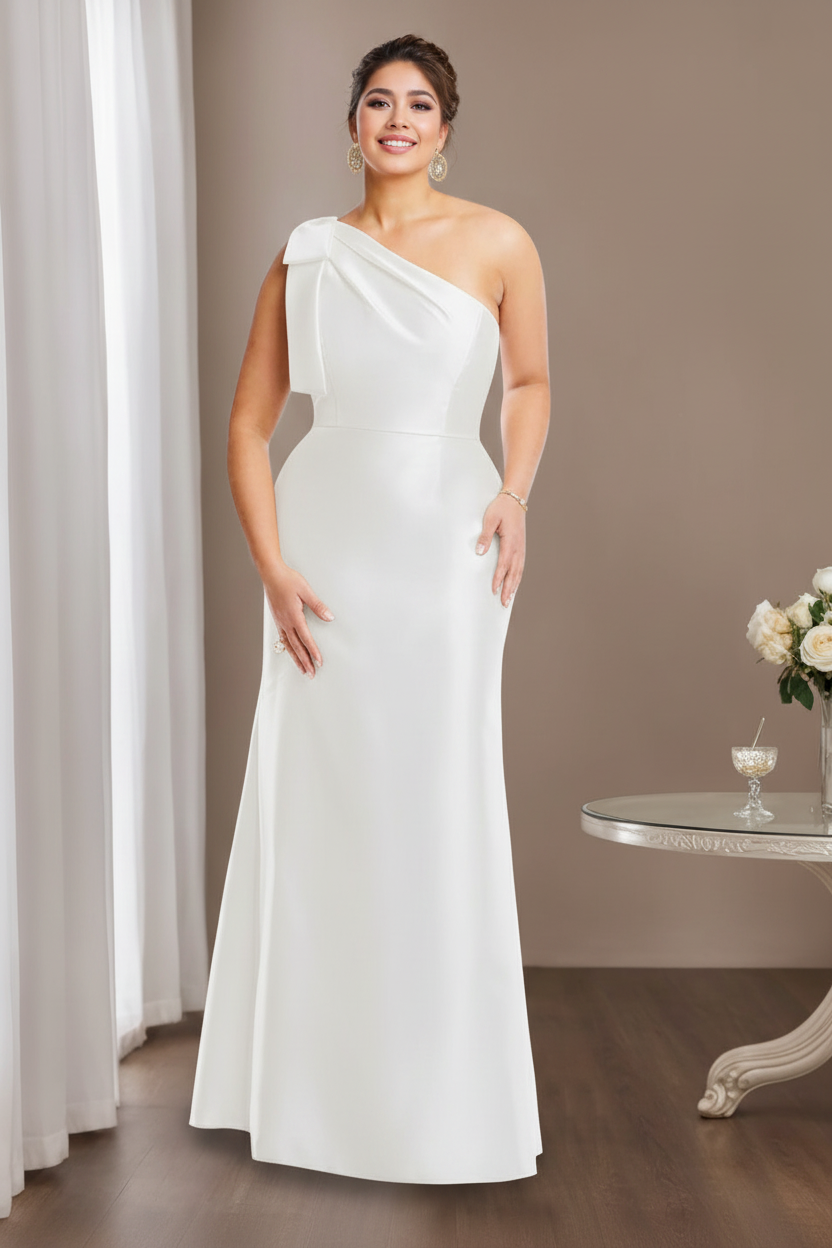 Sheath/Column One-Shoulder Sleeveless Satin Plus Size Mother of the Bride Dresses with Bowknot