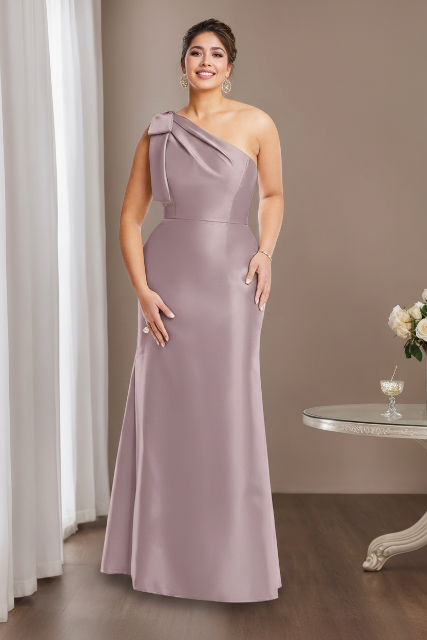 Sheath/Column One-Shoulder Sleeveless Satin Plus Size Mother of the Bride Dresses with Bowknot
