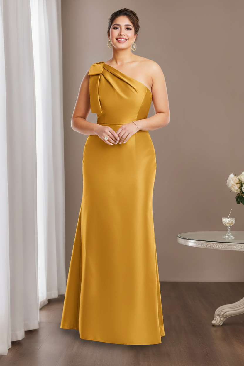 Sheath/Column One-Shoulder Sleeveless Satin Plus Size Mother of the Bride Dresses with Bowknot