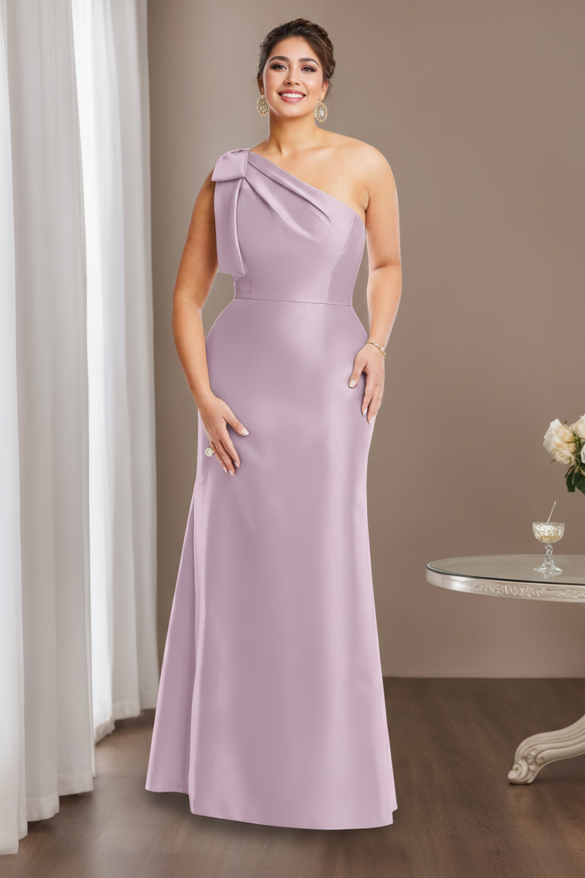Sheath/Column One-Shoulder Sleeveless Satin Plus Size Mother of the Bride Dresses with Bowknot