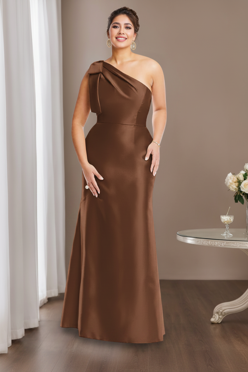 Sheath/Column One-Shoulder Sleeveless Satin Plus Size Mother of the Bride Dresses with Bowknot