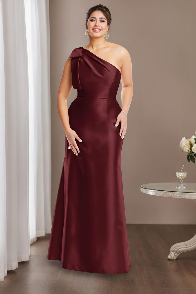 Sheath/Column One-Shoulder Sleeveless Satin Plus Size Mother of the Bride Dresses with Bowknot