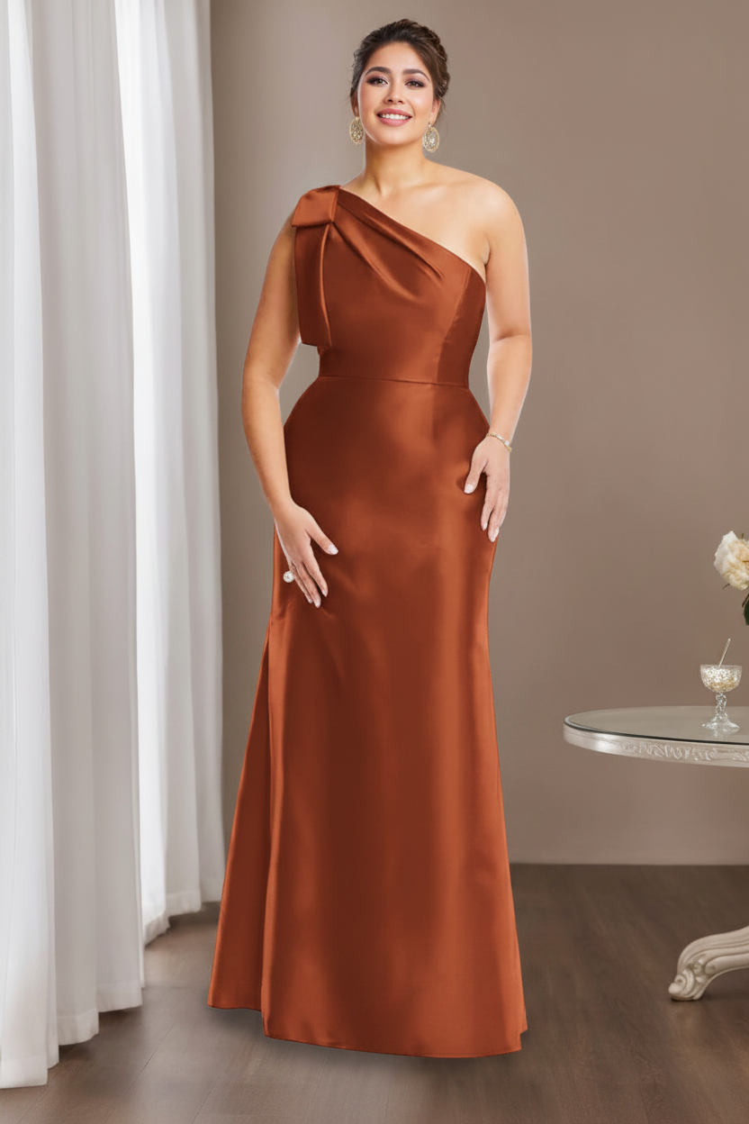 Sheath/Column One-Shoulder Sleeveless Satin Plus Size Mother of the Bride Dresses with Bowknot