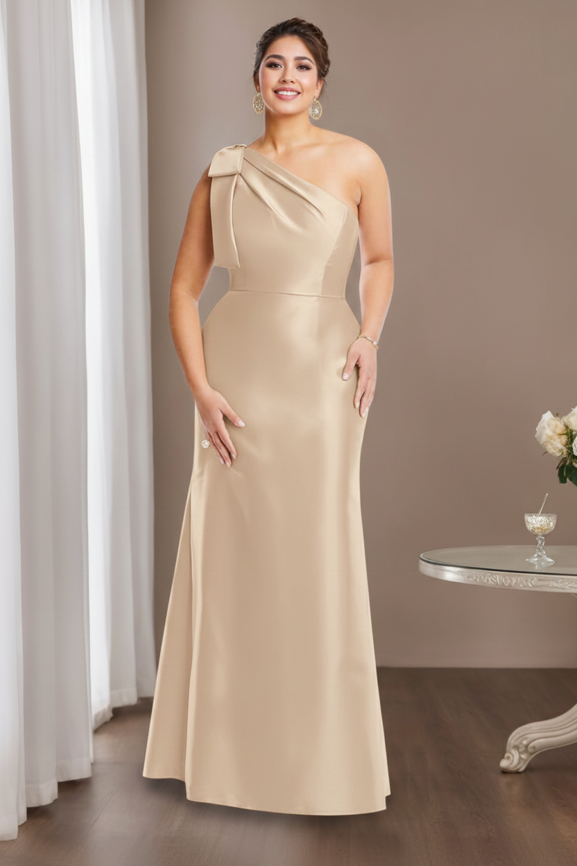 Sheath/Column One-Shoulder Sleeveless Satin Plus Size Mother of the Bride Dresses with Bowknot